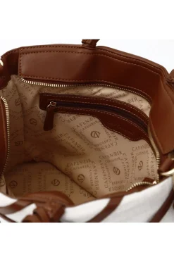 tote in tessuto con intreccio e borchiette naturale