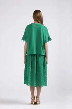 t-shirt a scatolina con sangallo alle maniche verde