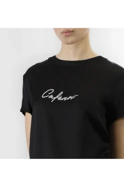 t-shirt bimateriale con logo glitterato nero