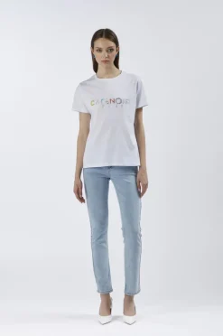 t-shirt con logo cafènoir in perline colorate bianco