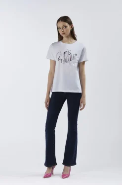 t-shirt con logo cafènoir in strass bianco