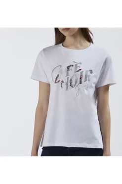t-shirt con logo cafènoir in strass bianco