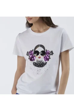 t-shirt con occhiali sole e pailettes bianco
