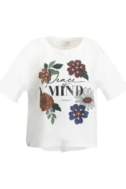 t-shirt con scritta "peace of mind" bianco
