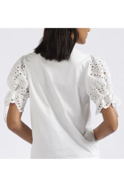 t-shirt in jersey di cotone con sangallo alle maniche bianco