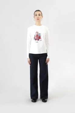 t-shirt manica lunga con stampa new york bianco