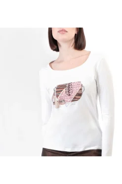 t-shirt manica lunga stampa borsetta bianco