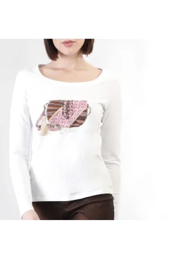 t-shirt manica lunga stampa borsetta bianco