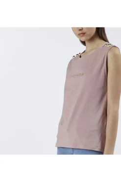 t-shirt smanicata con bottoni e stampa logo cipria