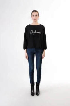 t-shirt stampa floccata e logo di stras nero