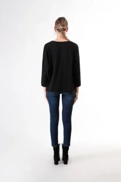 t-shirt stampa floccata e logo di stras nero