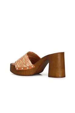 zoccoli con tacco in legno e fascia decorativa in rafia intrecciata bicolore multi arancio