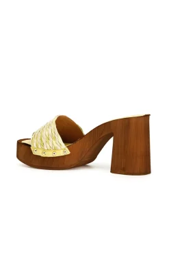 zoccoli con tacco in legno e fascia decorativa in rafia intrecciata bicolore multi giallo